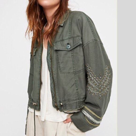 Free People Embellished Utility Military Jacket Loose Crop Oversized Sz Small